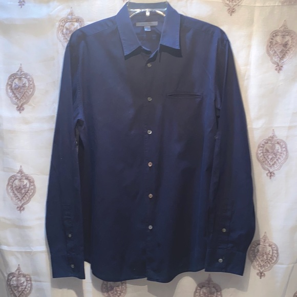 MEN JOHN VARVATOS NAVY COTTON BUTTON DOWN SHIRT WELT POCKET SZ M